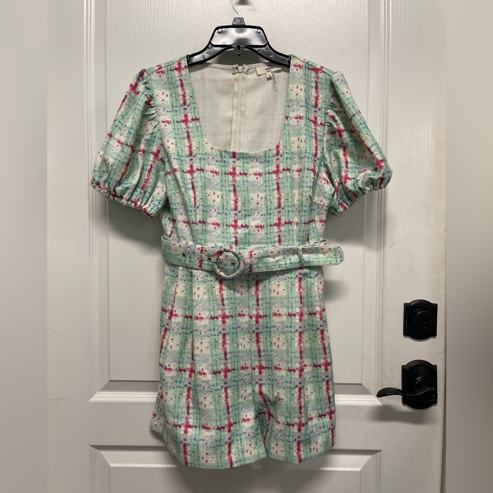 Entro Mint and Pink Speckled Plaid Belted Romper- Size M